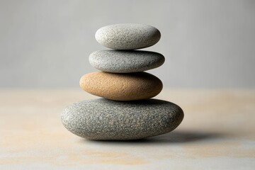 Stack of four smooth oval pebbles balanced on a beige surface with a neutral gray background, conveying calmness and balance