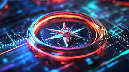 Neon SEO compass spinning over tech map