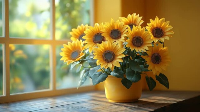 A bouquet of bright yellow sunflowers with dark centers and green leaves in a yellow vase. 