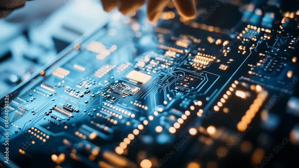 Poster close up view of a green electronic circuit board with computer chips and components