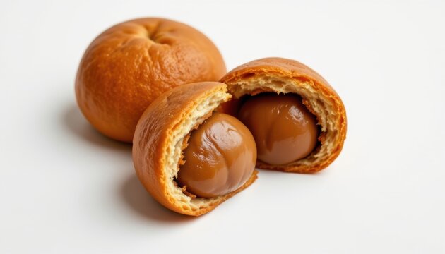 chestnut manju with a matte golden brown crust, round and domed, filled with sweetened chestnut paste, a seasonal favorite during autumn