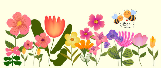 Spring colorful flowers and plants, floral wildflower, branch hand drawn vector illustration. Beautiful blossom for decor, easter, banner and prints.