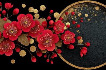 Fleurs de prunier rouges et or sur fond noir