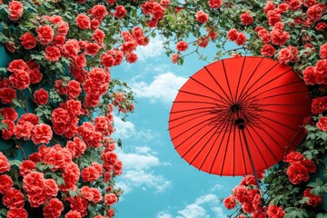 Parapluie rouge sous une arche de roses rouges