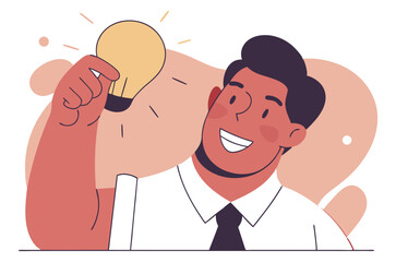 Fototapeta premium A smiling man holds up a glowing lightbulb, representing a new idea or a moment of inspiration.