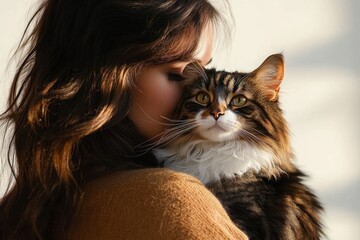 Young woman gently holding and cuddling a fluffy long-haired tabby cat with warm lighting creating a cozy and affectionate atmosphere