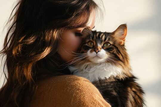 Young woman gently holding and cuddling a fluffy long-haired tabby cat with warm lighting creating a cozy and affectionate atmosphere