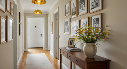 Fototapeta premium Elegant hallway with framed black-and-white photographs, a floral arrangement on a wooden table, and warm lighting
