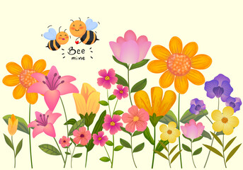 Spring colorful flowers and plants, floral wildflower, branch hand drawn vector illustration. Beautiful blossom for decor, easter, banner and prints.