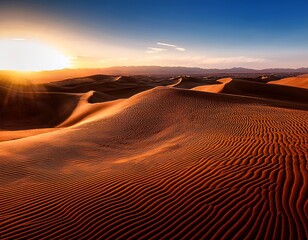 Naklejka premium Rolling desert dunes under warm sunset with deep shadows-