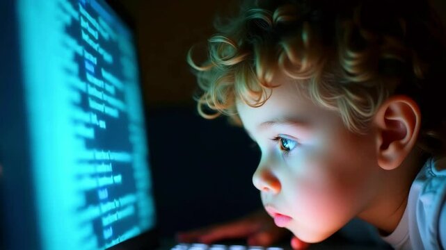 Young child intently focused on coding on a computer screen in a dimly lit room at home