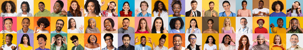 Poster This collection showcases a bright and colorful array of diverse individuals smiling and engaging with the camera. Each portrait highlights the beauty of cultural variety in contemporary lifestyle.