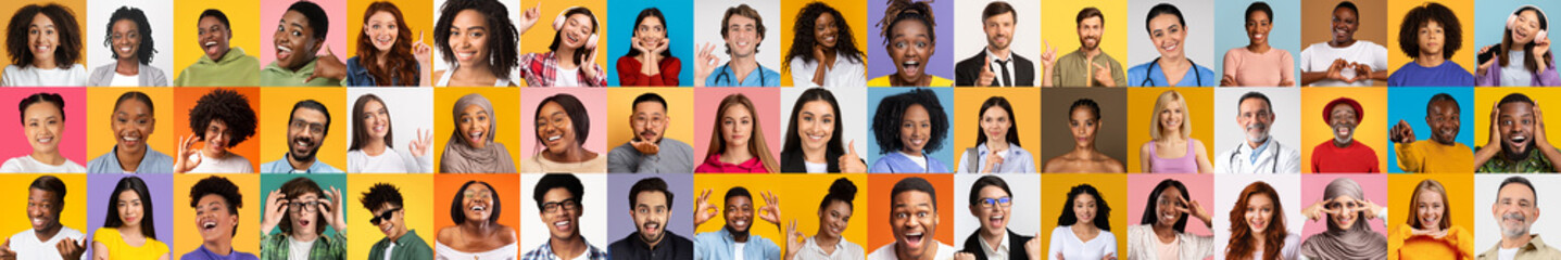 Fototapeta premium This collection showcases a bright and colorful array of diverse individuals smiling and engaging with the camera. Each portrait highlights the beauty of cultural variety in contemporary lifestyle.