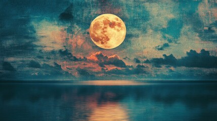 Tranquil seascape featuring a radiant full moon reflecting on the ocean surface