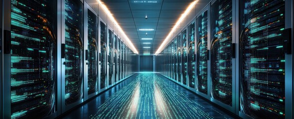 Futuristic data center corridor with rows of illuminated server racks and glowing digital code reflected on the floor, evoking a high-tech and advanced atmosphere