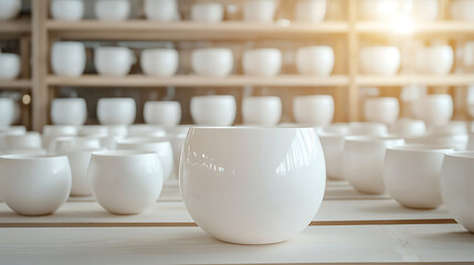Collection of white ceramic bowls displayed wooden shelves, showcasing minimalist design and elegant simplicity. soft lighting enhances serene