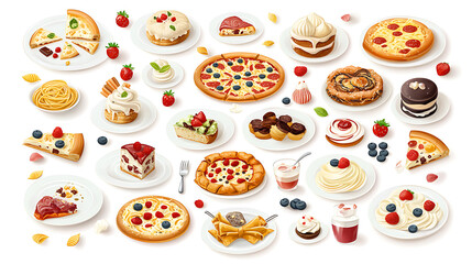 Delicious food spread featuring pizza, pasta, cakes, and desserts, showcasing variety of Italian cuisine and sweet treats