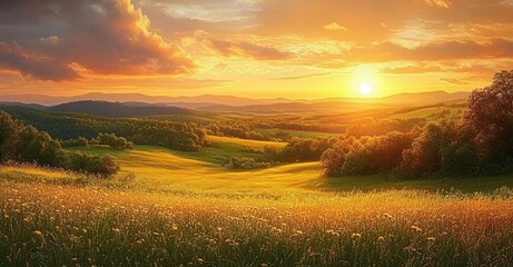 Fototapeta premium Golden sunset over rolling hills and grassy meadow with scattered trees under a partly cloudy sky, evoking warmth and tranquility