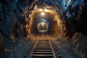 Dimly lit rocky mine tunnel with wooden railway tracks and hanging light bulbs creating an eerie and industrial atmosphere