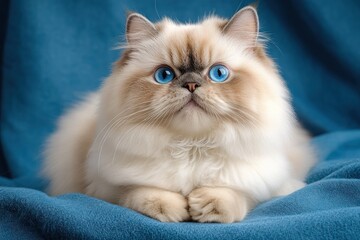 Fototapeta premium Fluffy cream-colored cat with striking blue eyes resting on a soft blue blanket, looking directly at the camera with calm expression