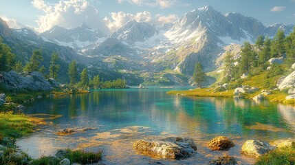 Fototapeta premium Serene alpine lake nestled at the foot of snow-capped peaks