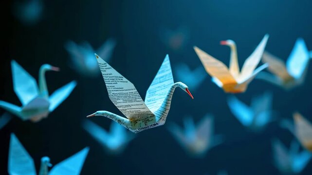 Colorful origami cranes made from newspaper float gracefully in a serene blue background