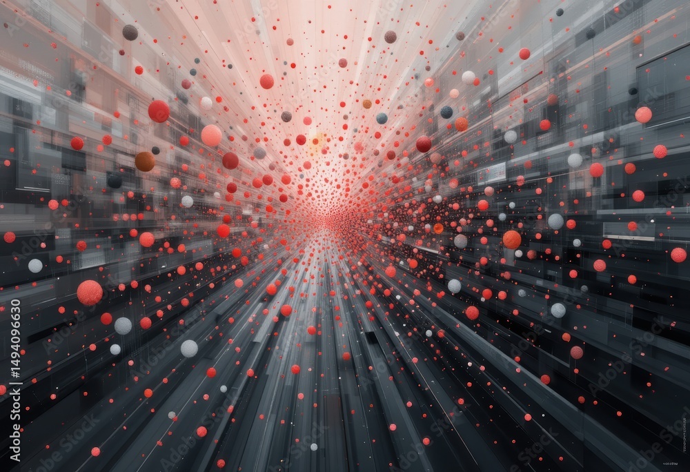 Poster red sphere explosion through abstract blocks