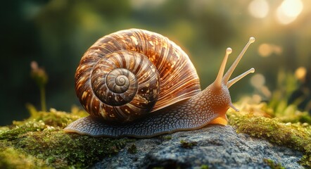 close-up of a brown snail with a spiral shell crawling on mossy rock with a blurred green background and warm sunlight