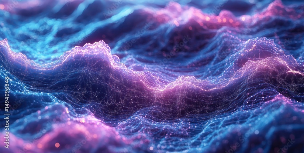 Poster abstract digital landscape of glowing blue and purple waves with interconnected dots and lines creat