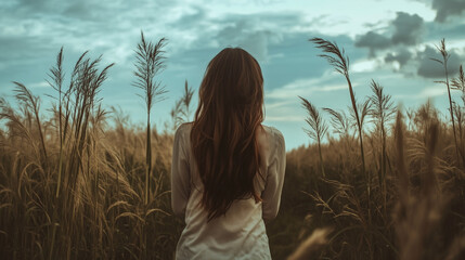 young woman wakling through a wheat field