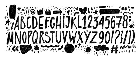 Fototapeta na wymiar Graphic funky kids English alphabet with numbers, punctuation symbols, speech bubbles and doodle shapes.