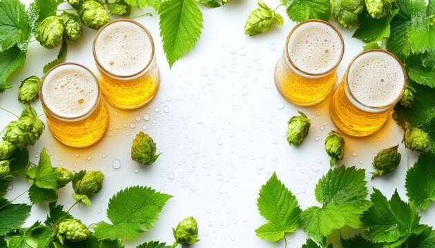 Quatre verres de bi&egrave;re blonde entour&eacute;s de houblon
