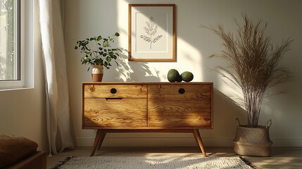 Sunlit wooden dresser in minimalist room, styled with plants and fruit