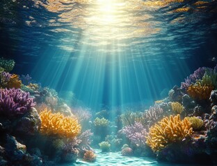 Fototapeta premium Underwater scene of vibrant colorful coral reefs illuminated by sun rays penetrating the clear blue ocean water, creating a serene and peaceful atmosphere