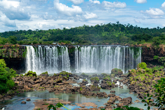 Iguazu Falls panoramic view with lush tropical fores