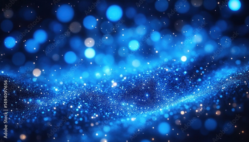 Poster abstract glowing blue particles scattered with bokeh light effects creating a sense of cosmic or und
