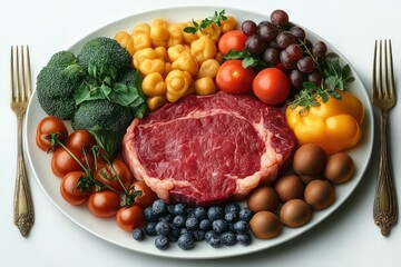 Raw ribeye steak surrounded by broccoli, cherry tomatoes, golden mushrooms, blueberries, grapes, yellow bell pepper, and kiwi fruit on a white oval plate with two gold forks