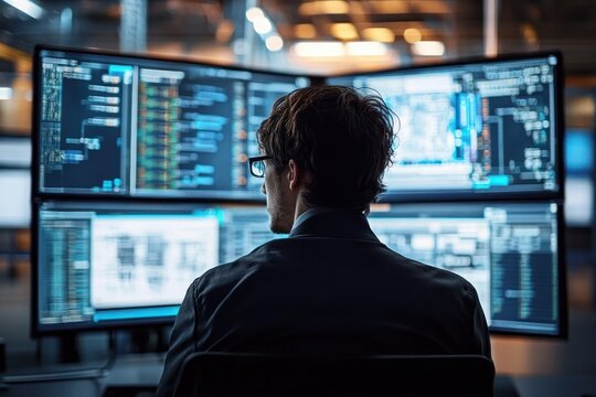 Man with glasses working intently on multiple large computer monitors displaying lines of code and data in a dimly lit modern office interior