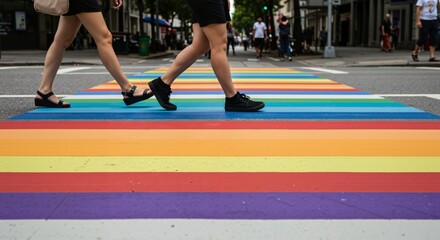 Lower bodies of two people walking across a vibrant, multi-colored rainbow crosswalk on a city street in daylight.