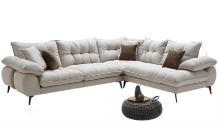 Wooden modular sofa with handcrafted low table isolated on transparent background