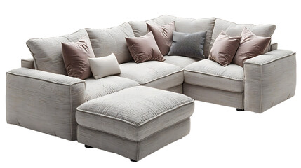 Wooden U shape sofa for cozy interior styling isolated on transparent background