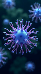 Bacterium with fractal branching appendages in cyan-purple gradient, glowing nodules, microscopic depth-of-field effect.