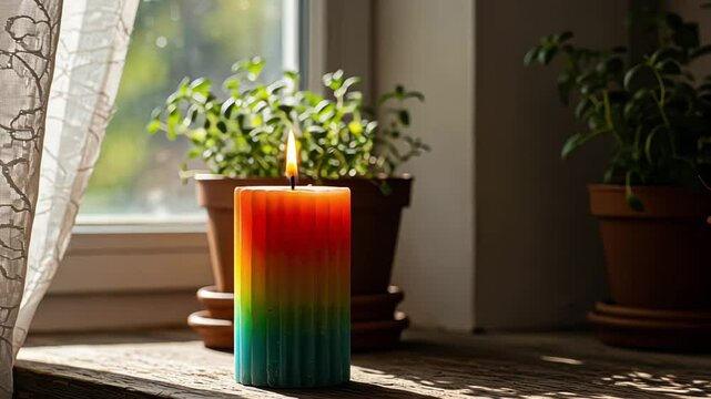 Rainbow Candle - Colorful striped candle by window