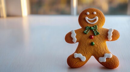 Smiling gingerbread cookie with white icing and colorful candy buttons sitting on a light wooden surface with a blurred warm background