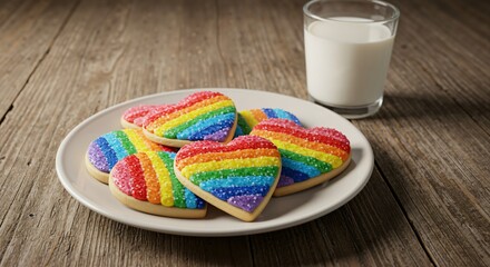 Delicious heart-shaped sugar cookies decorated with vibrant rainbow frosting and sparkling sprinkles, served on a white plate with a glass of milk on a rustic wooden table.