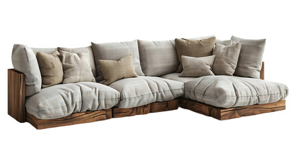 Comfortable corner couch with earthy pillows isolated on transparent background