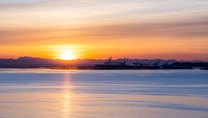 Sunrise Over Port of Vancouver with Pacific Ocean and Mountains in Background