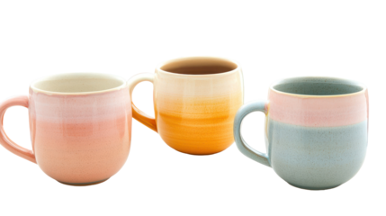 Set of colorful ceramic coffee mugs in various pastel shades transparent background