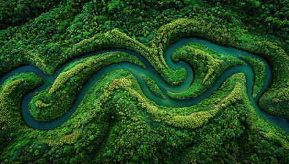 Fototapeta premium Aerial View Winding River Through Lush Green Forest