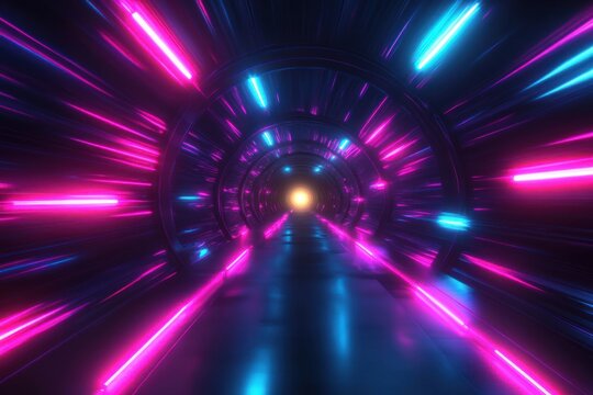 Futuristic neon tunnel with glowing pink and blue lights creating a vibrant pathway towards a bright light at the end, evoking a sense of motion and mystery